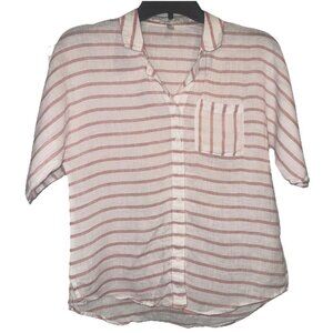 Garnet Hill Women’s Linen Striped Button Up Short Sleeve Blouse Top Sz 4 Coastal